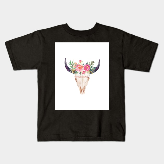 Bull skull with flower crown - hand painted watercolor Kids T-Shirt by SouthPrints